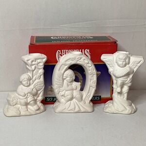 VTG Magic Creations 1996 JOY Angel Ceramic Candle Holder Set Holiday Tradition
